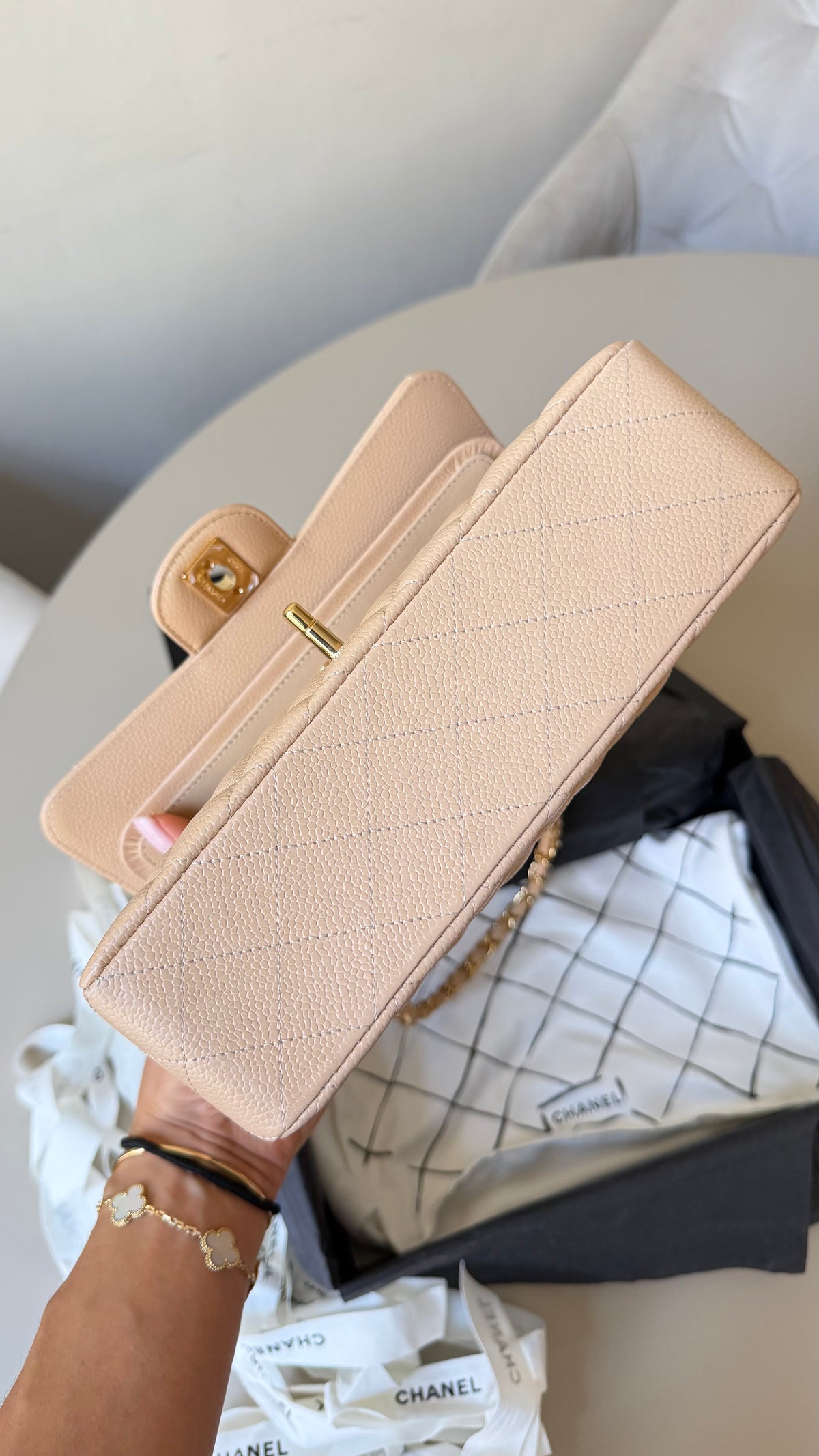 Chanel small classic flapbag caviar beige