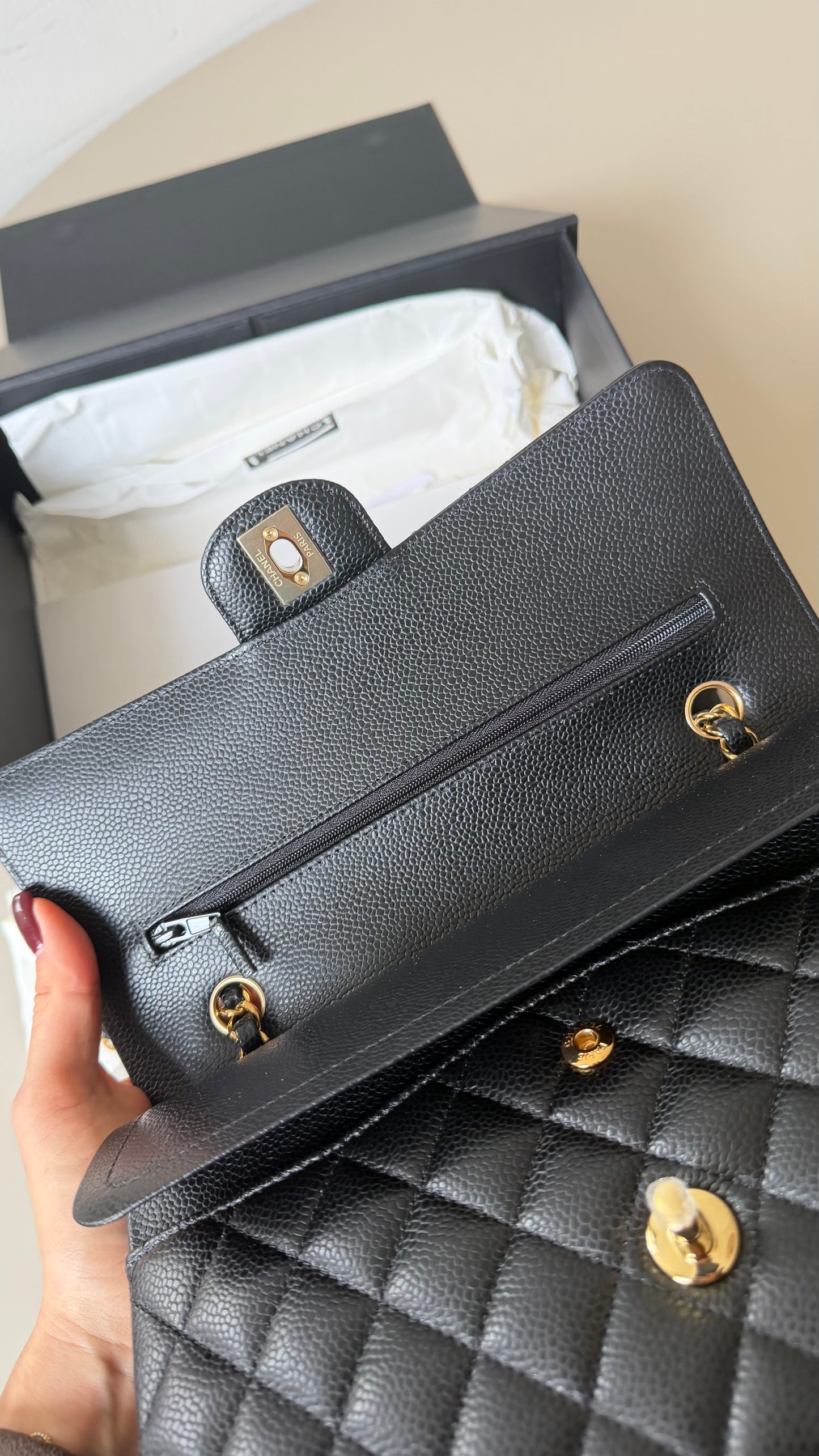 Chanel medium caviar double flapbag with chip