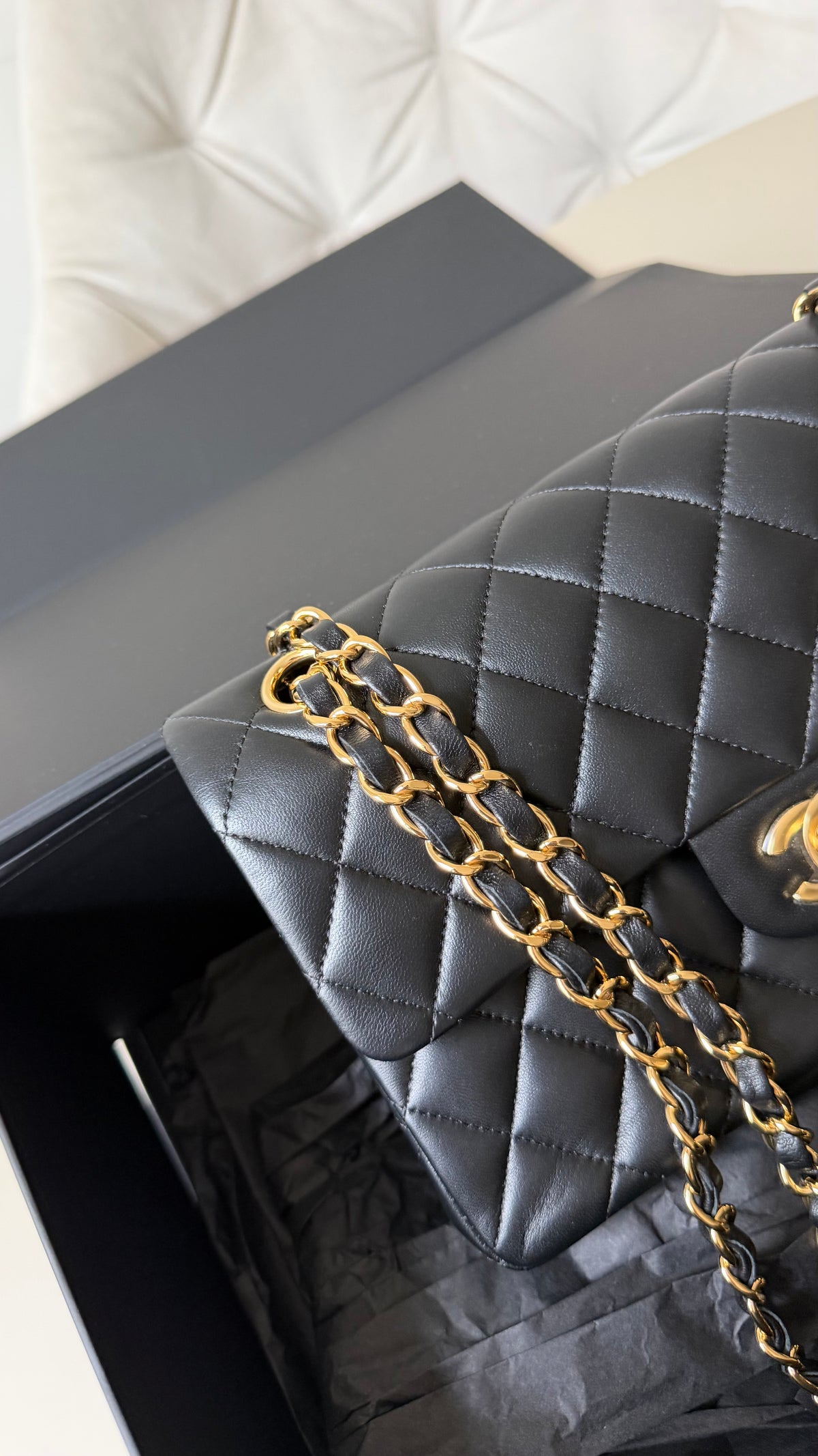 Chanel classic flapbag lambskin small black with champagne gold hardware 2021
