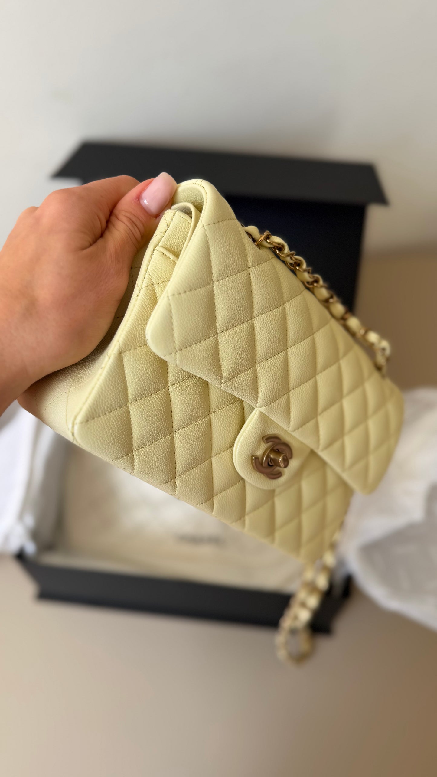 Chanel small butter yellow classic flapbag caviar