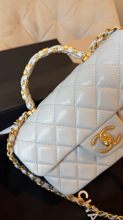 Chanel mini top handle baby blue caviar with chip- brand new