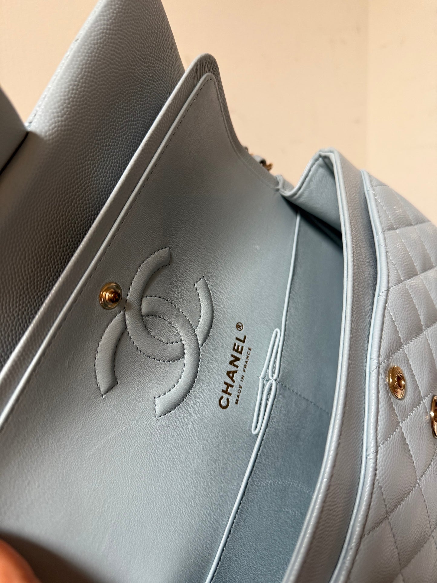 Chanel classic flapbag small caviar babyblue with chip