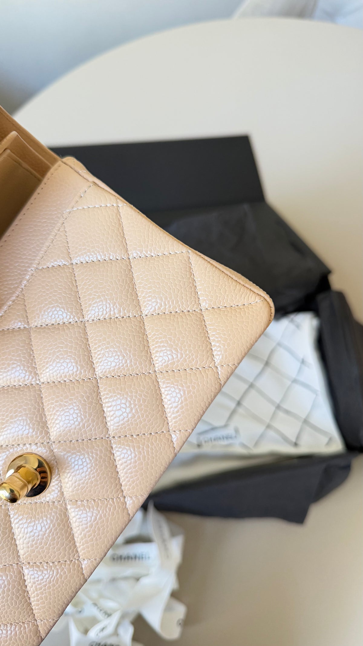Chanel small classic flapbag caviar beige