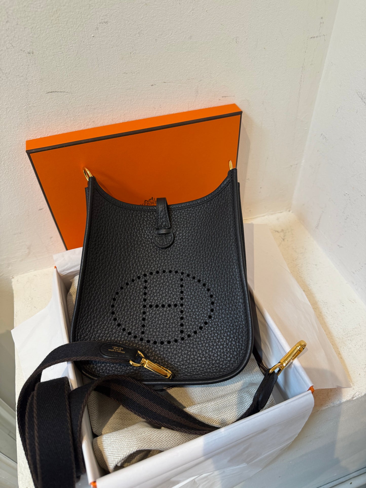 Hermes mini Evelyne black with gold hardware