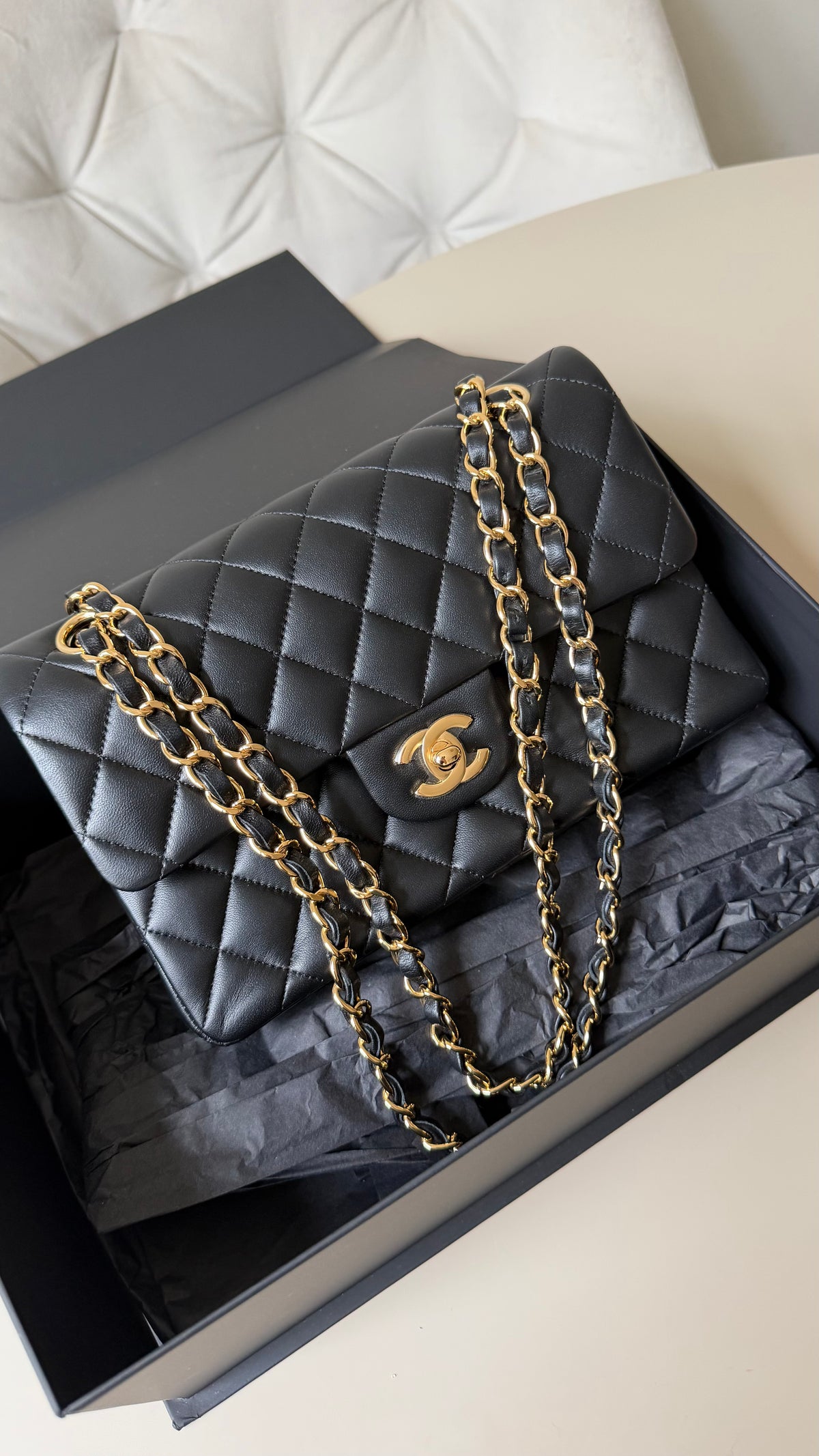 Chanel classic flapbag lambskin small black with champagne gold hardware 2021