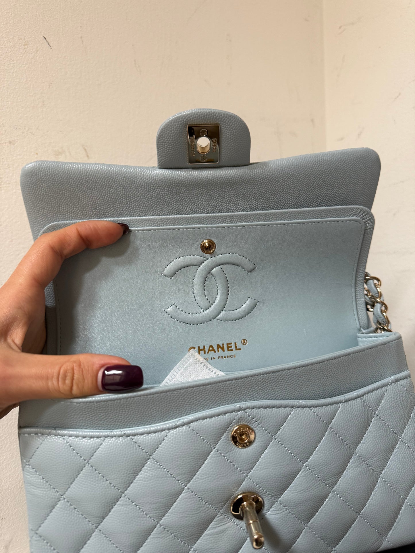 Chanel classic flapbag small caviar babyblue with chip
