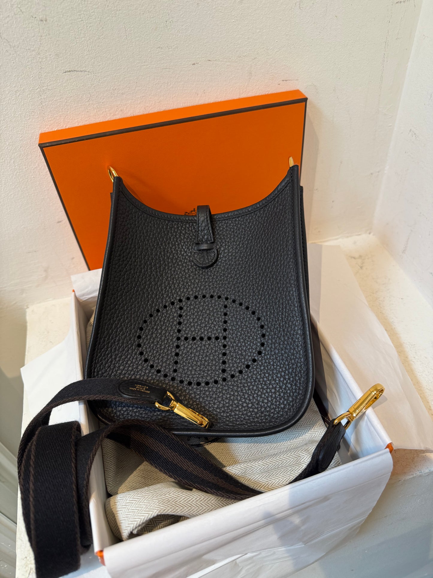 Hermes mini Evelyne black with gold hardware